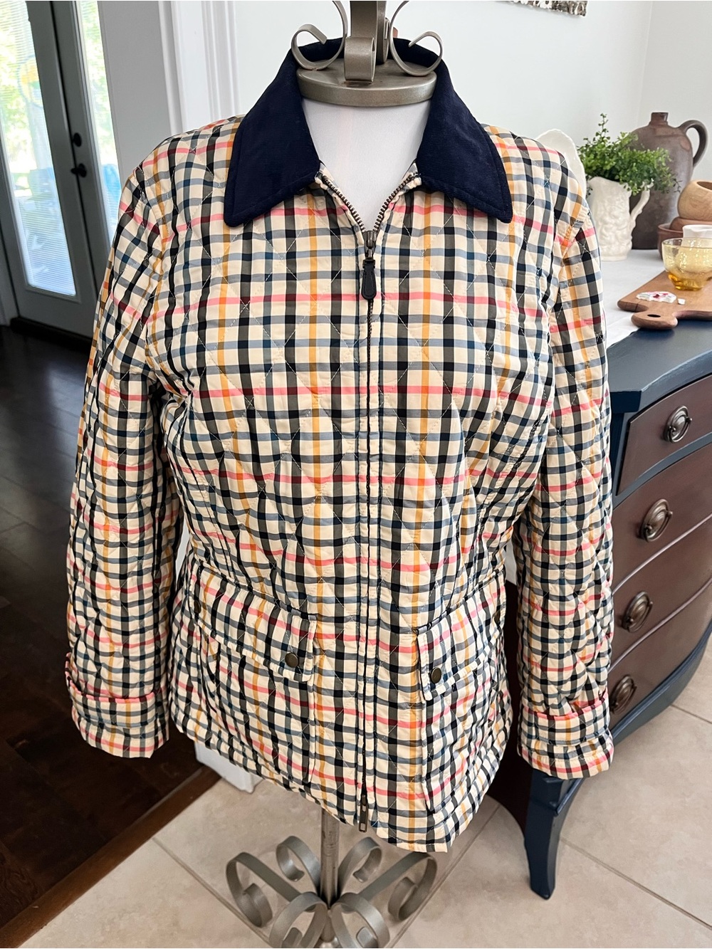 VTG Talbots Plaid Quilted Equestrian Riding Jacket with Navy Corduroy Collar -MP